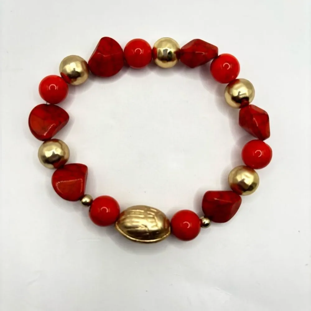Maximalist Statement Gold and Red Beaded Bracelet Set of 3